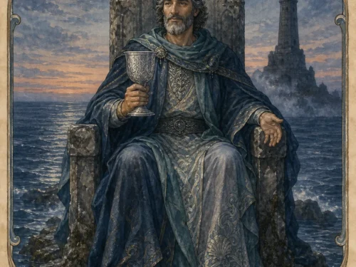 King of Cups tarot card figure holding one silver cup above the moonlit sea