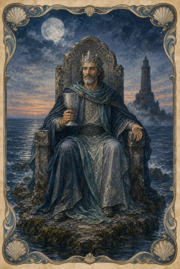 King of Cups tarot card figure holding one silver cup above the moonlit sea