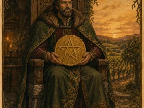 King of Pentacles tarot card figure holding one golden pentacle above a vineyard