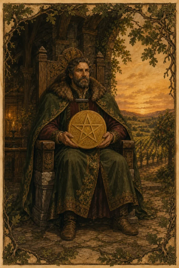 King of Pentacles tarot card figure holding one golden pentacle above a vineyard