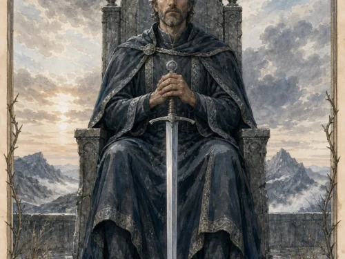 King of Swords tarot card figure holding one sword beneath a clearing sky