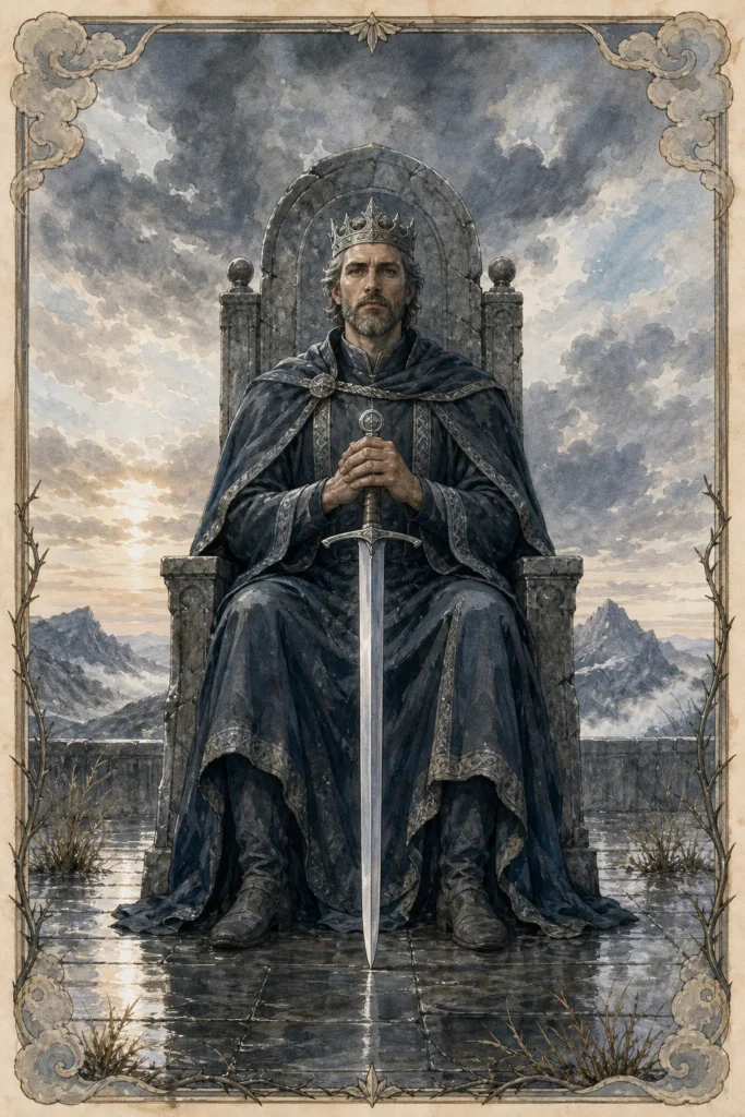 King of Swords tarot card figure holding one sword beneath a clearing sky