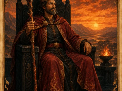 King of Wands tarot card figure holding one flowering wand above a fiery valley