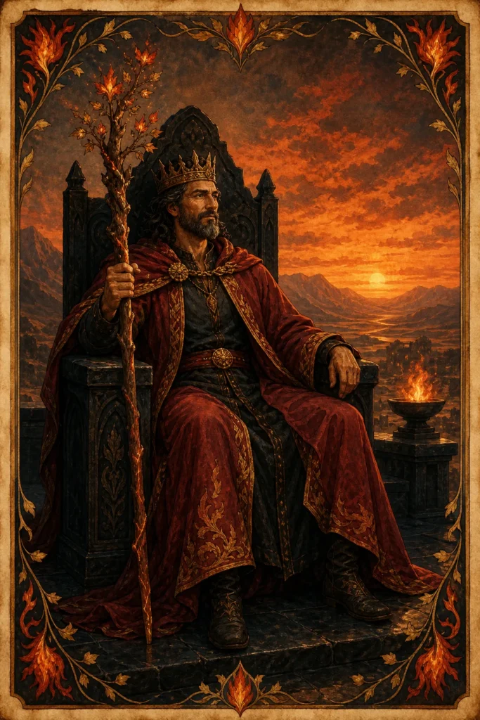 King of Wands tarot card figure holding one flowering wand above a fiery valley