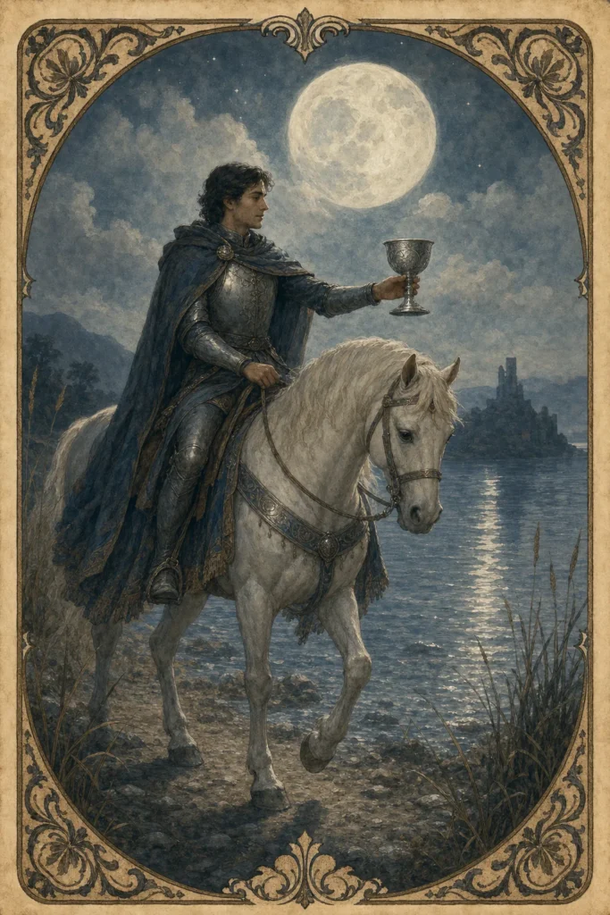 Knight of Cups tarot card rider offering a silver cup beside moonlit water