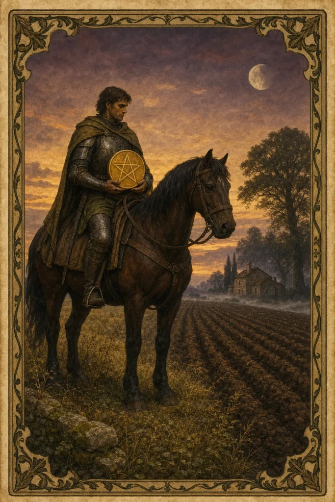 Knight of Pentacles tarot card rider holding one golden pentacle beside a field