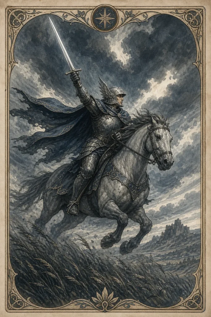 Knight of Swords tarot card rider raising one sword beneath storm clouds