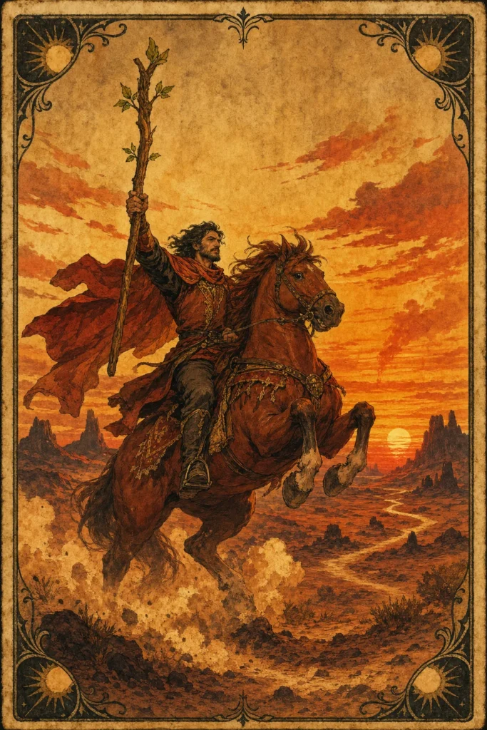 Knight of Wands tarot card rider carrying a leafy wand through a fiery desert