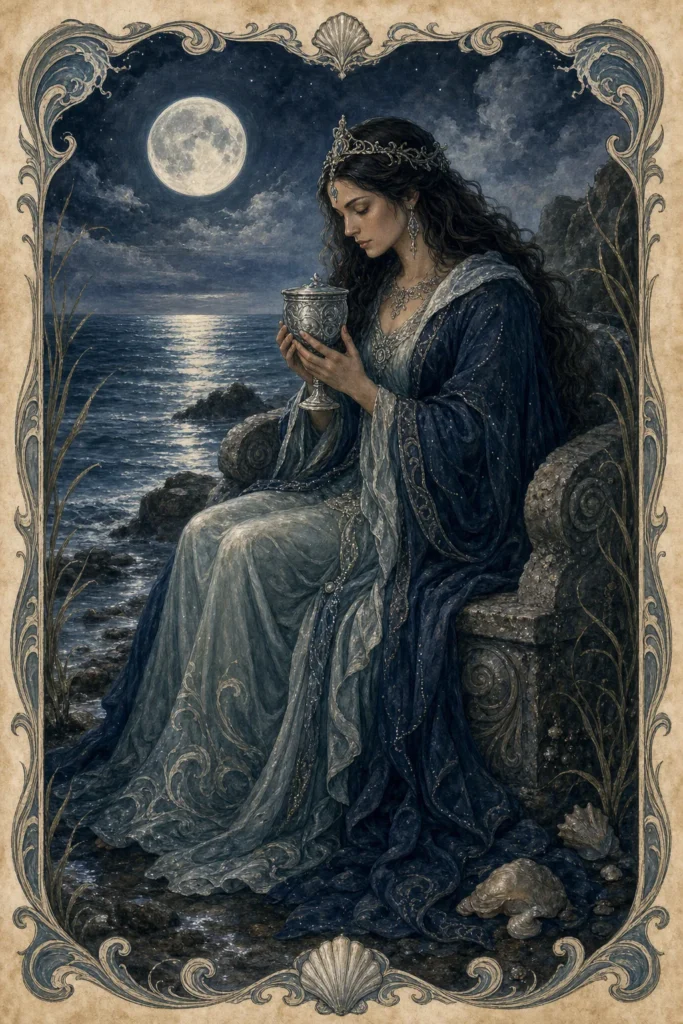Queen of Cups tarot card figure holding one silver cup beside moonlit water