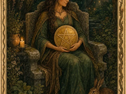Queen of Pentacles tarot card figure holding one golden pentacle in a garden