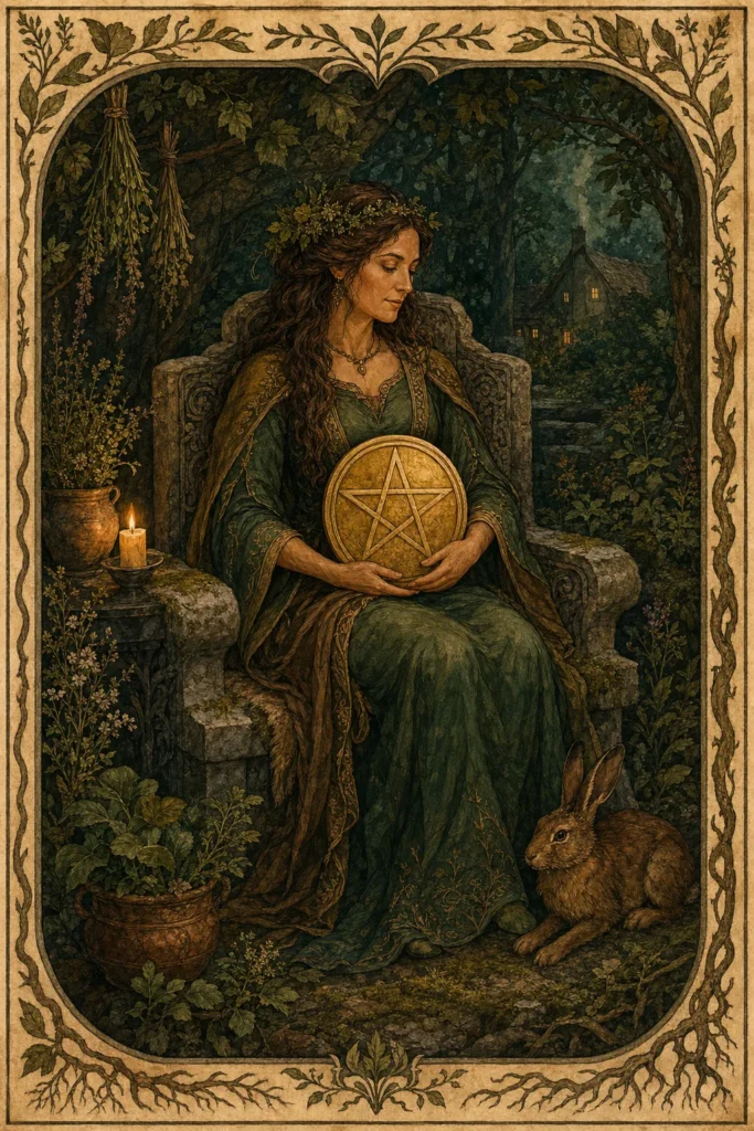Queen of Pentacles tarot card figure holding one golden pentacle in a garden