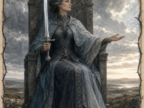 Queen of Swords tarot card figure holding one sword beneath clearing clouds
