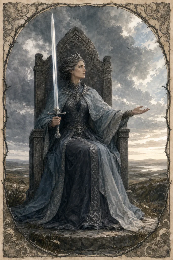 Queen of Swords tarot card figure holding one sword beneath clearing clouds