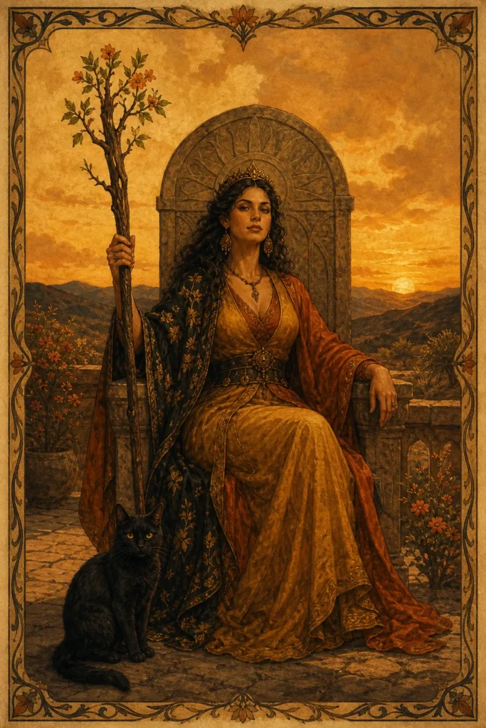 Queen of Wands tarot card figure holding one flowering wand at sunset